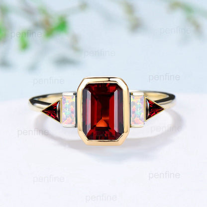 Vintage emerald cut garnet engagement ring Baguette white opal trillion cut bezel set garnet ring unique January birthstone anniversary ring - PENFINE