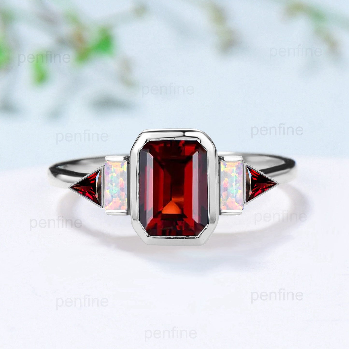 Vintage emerald cut garnet engagement ring Baguette white opal trillion cut bezel set garnet ring unique January birthstone anniversary ring - PENFINE