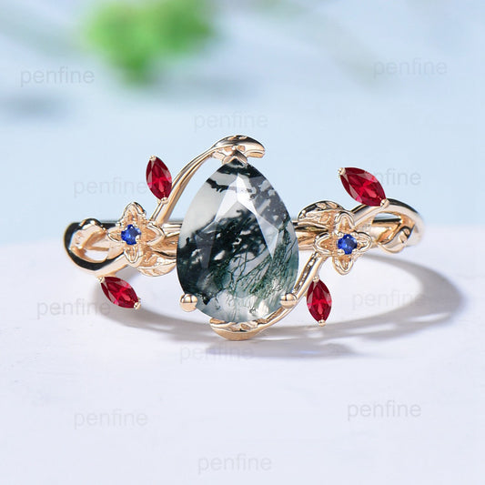 Vintage pear shaped moss agate engagement ring Nature inspired marquise ruby sapphire wedding ring  elegant leaves anniversary ring for girl - PENFINE