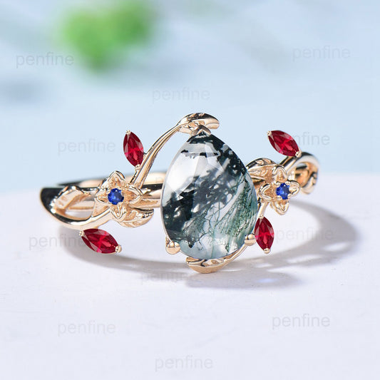 Vintage pear shaped moss agate engagement ring Nature inspired marquise ruby sapphire wedding ring elegant leaves anniversary ring for girl - PENFINE