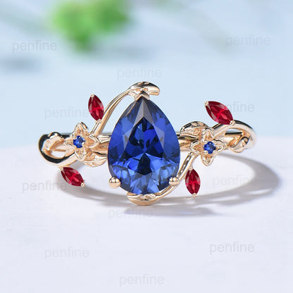 Elegant Pear Blue Sapphire Nature Inspired Engagement Ring Flower Marquise Ruby Wedding Ring Lab Sapphire Branch Leaf Vine Promise Ring - PENFINE