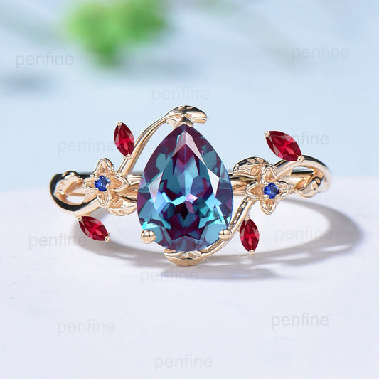 Vintage pear shaped alexandrite ring Nature Inspired marquise ruby color change engagement ring twig unique flower sapphire wedding ring - PENFINE