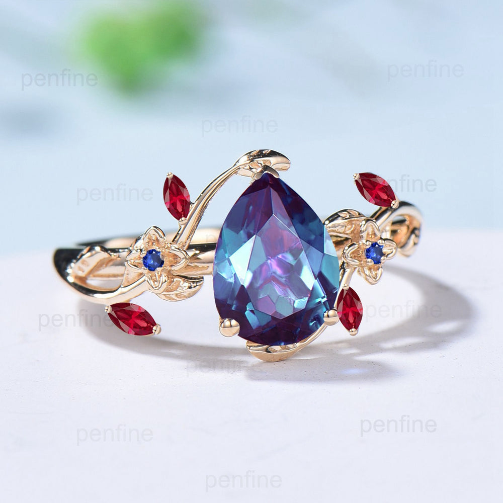 Vintage pear shaped alexandrite ring Nature Inspired marquise ruby color change engagement ring twig unique flower sapphire wedding ring - PENFINE