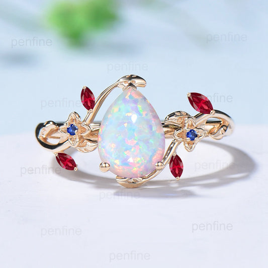 Vintage pear shaped fire opal engagement ring Nature inspired marquise ruby sapphire wedding ring  elegant leaves anniversary ring for girl - PENFINE