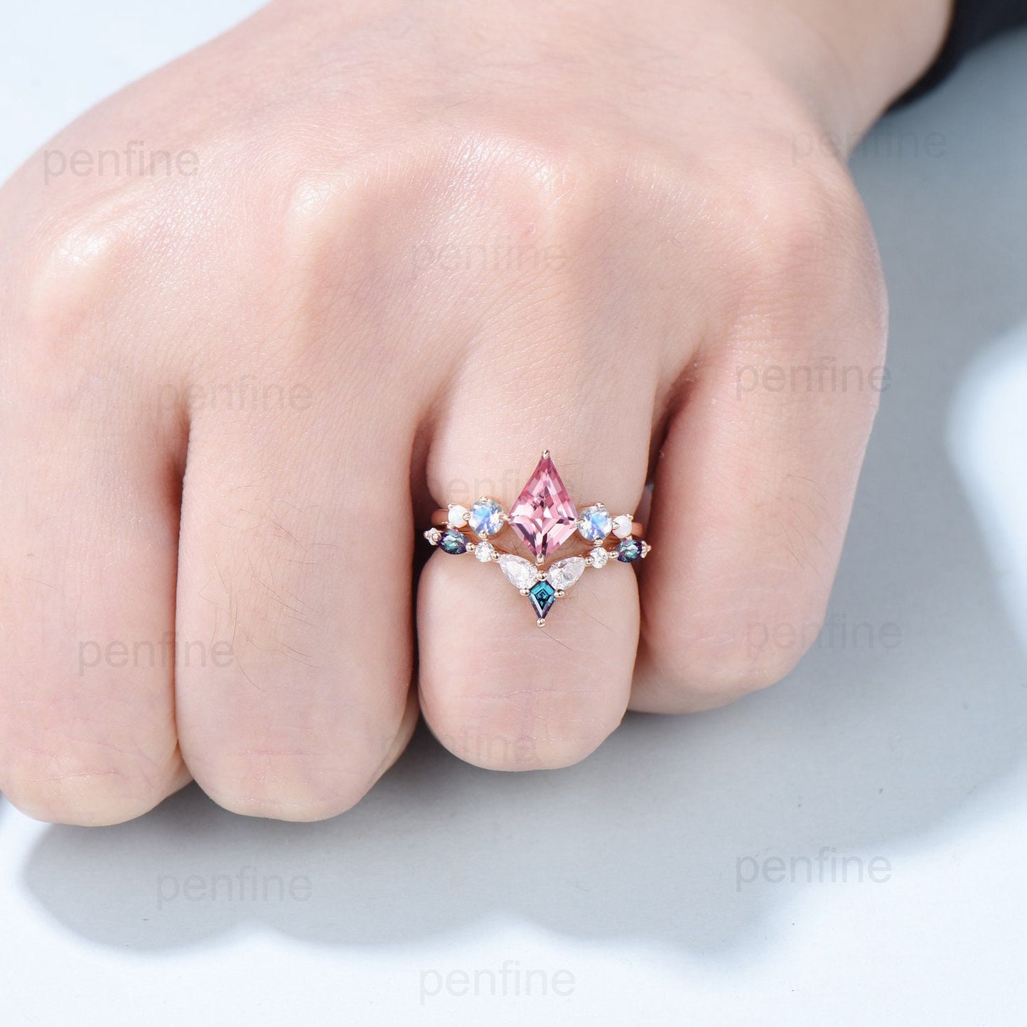 Vintage Padparadscha sapphire Engagement Ring Kite Cut Unique Moonstone Opal Wedding Set Cute Art Deco Stacking Ring Alexandrite Bridal Set - PENFINE