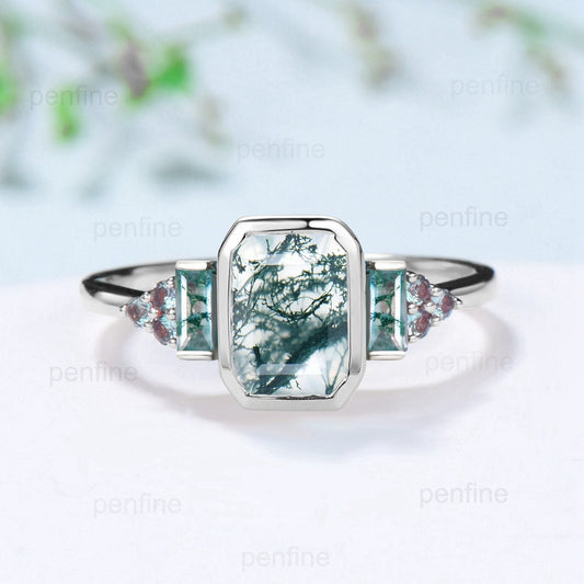 Bezel Set Emerald Cut Moss Agate Engagement Ring Unique Baguette Aquatic Ring Alexandrite Wedding Ring 14K Yellow Gold Anniversary Ring - PENFINE