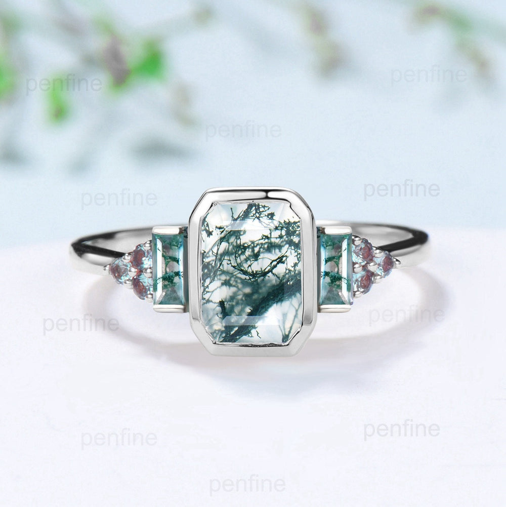 Bezel Set Emerald Cut Moss Agate  Engagement Ring Unique Baguette Aquatic Ring Alexandrite Wedding Ring 14K Yellow Gold Anniversary Ring - PENFINE