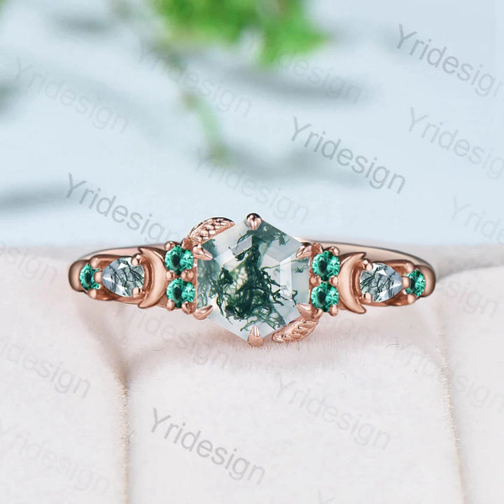 Vintage Moss Agate Engagement Ring Hexagon Cut 14K Rose Gold Green Agate Moon Wedding Ring Natural Inspired Emerald Bridal Promise Ring - PENFINE