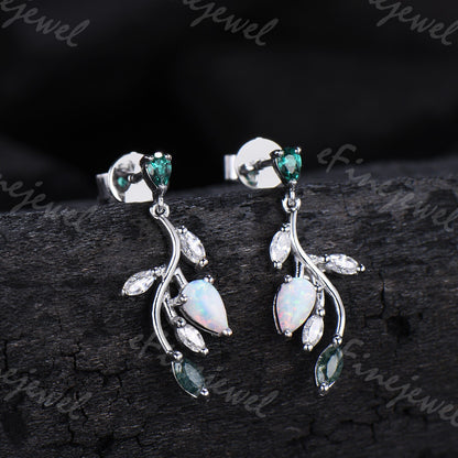 Opal Leaf Branch Drop Earrings, Emerald Moss Agate Moissanite Dangle