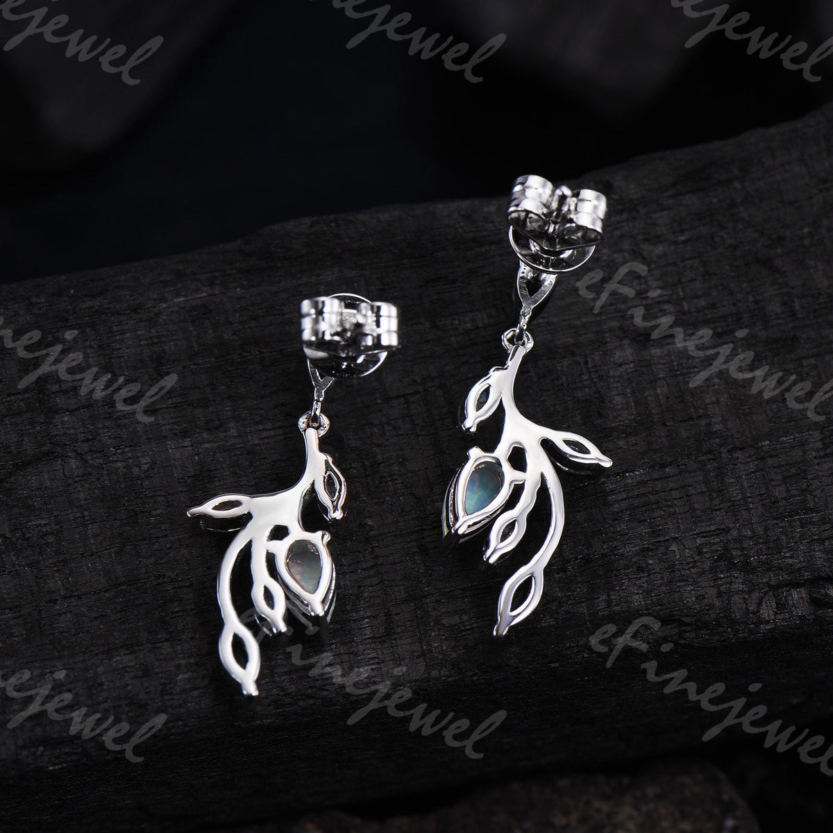 Opal Leaf Branch Drop Earrings, Emerald Moss Agate Moissanite Dangle