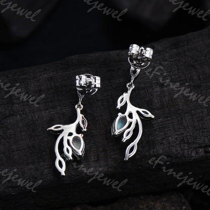 Opal Leaf Branch Drop Earrings, Emerald Moss Agate Moissanite Dangle