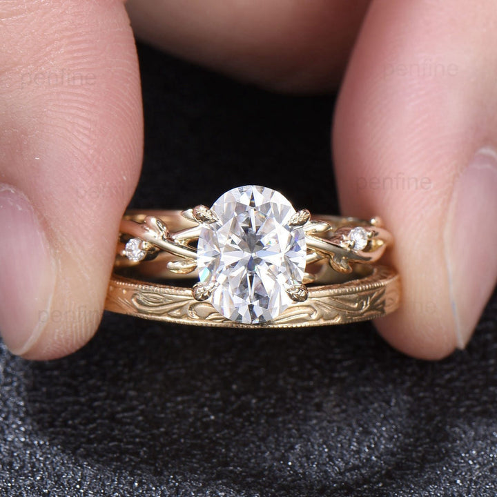 2 carat brilliant oval moissanite engagement ring set twig leaf wedding ring set unique 14k yellow gold filigree milgrain edge stacking band - PENFINE