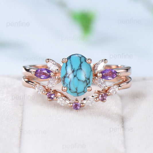 Vintage 1.5 CT oval turquoise engagement ring set retro marquise cut amethyst wedding ring art deco diamond moissanite stacking bridal set - PENFINE