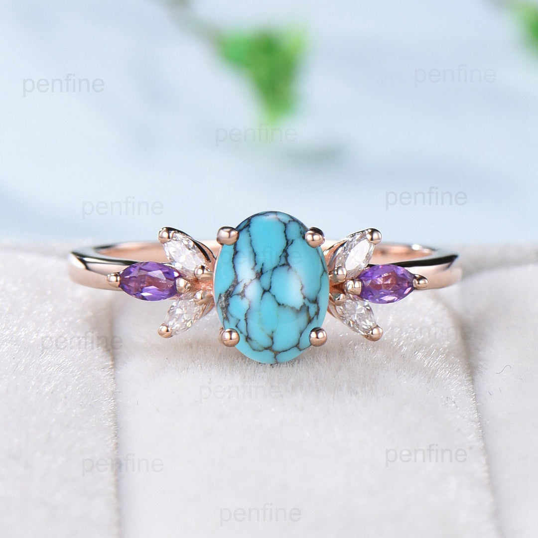 Vintage 1.5 CT oval turquoise engagement ring set retro marquise cut amethyst wedding ring art deco diamond moissanite stacking bridal set - PENFINE