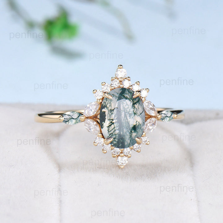 Vintage Oval Natural Moss Agate Engagement Rings Halo Diamond Marquise Cut Aquatic Agate Wedding Ring Art Deco Green Agate Anniversary Ring - PENFINE