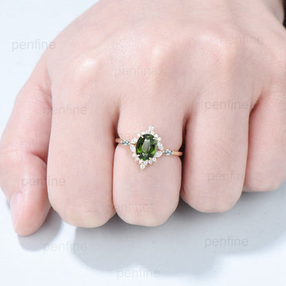 Vintage Oval Natural Green Tourmaline Engagement Rings Halo Diamond Marquise Cut Agate Wedding Ring Art Deco Green Crystal Anniversary Ring - PENFINE