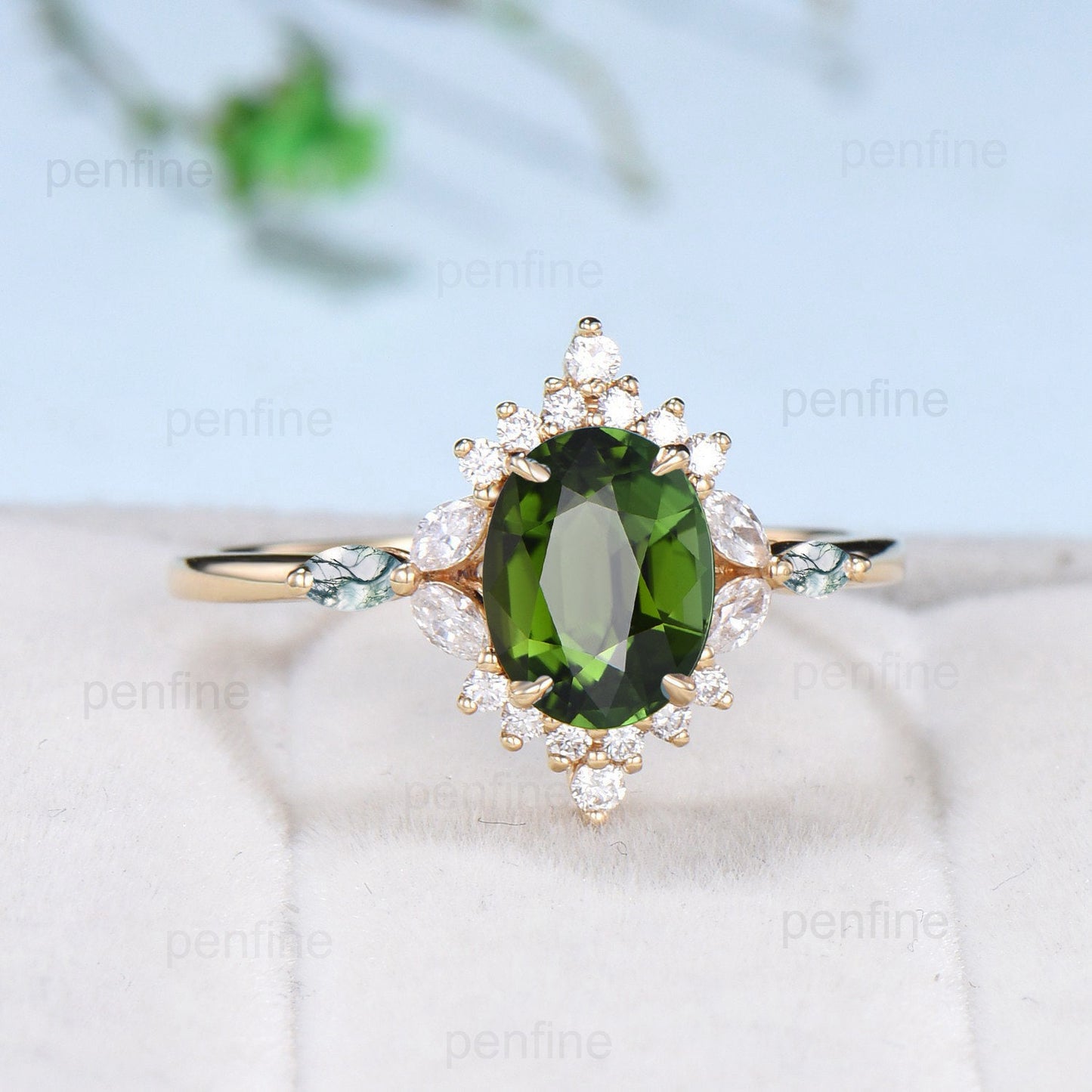 Vintage Oval Natural Green Tourmaline Engagement Rings Halo Diamond Marquise Cut Agate Wedding Ring Art Deco Green Crystal Anniversary Ring - PENFINE