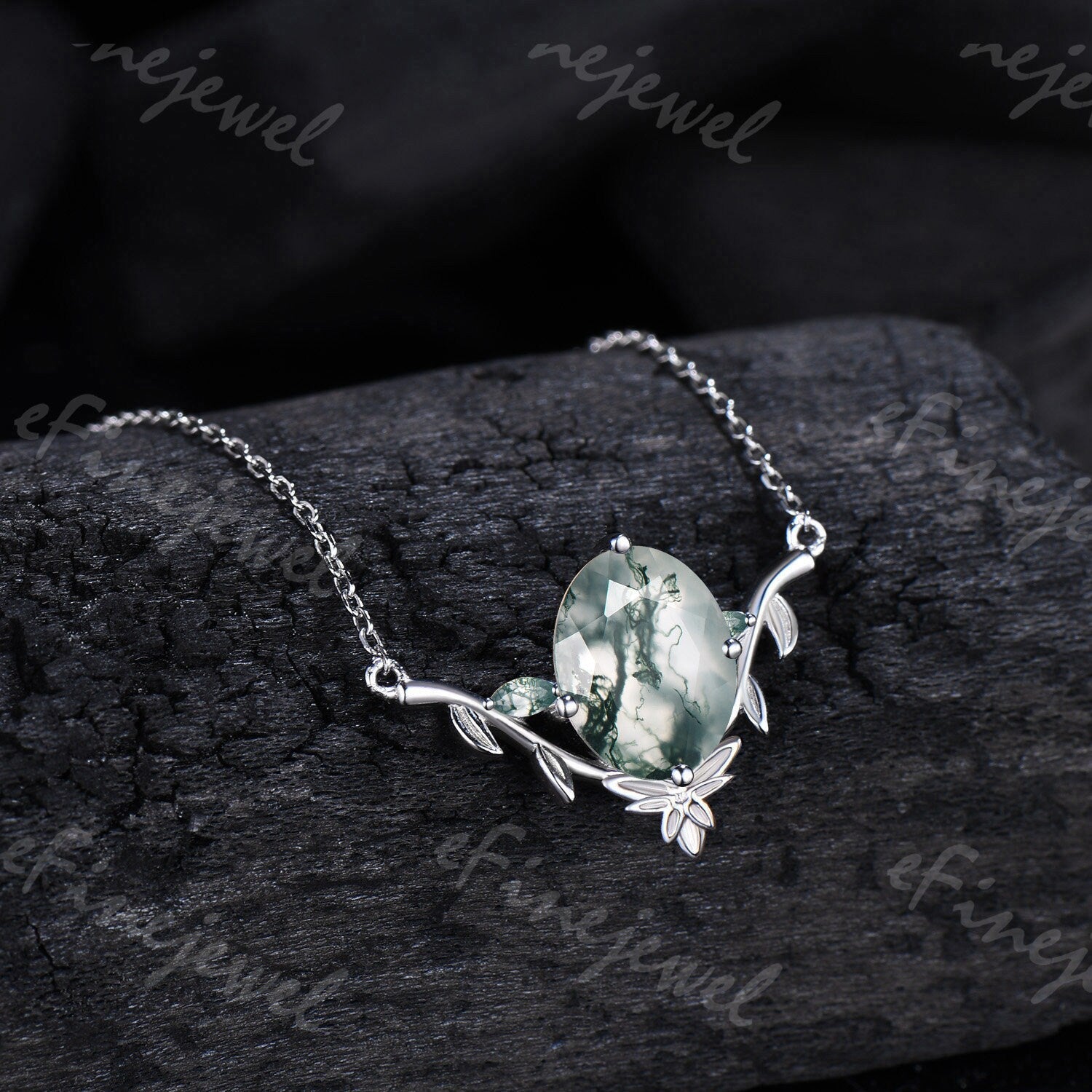 Moss Agate Leaf Vine Pendant Necklace, Nature Inspired