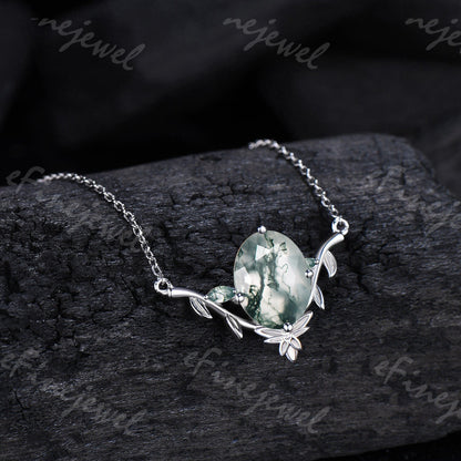 Moss Agate Leaf Vine Pendant Necklace, Nature Inspired