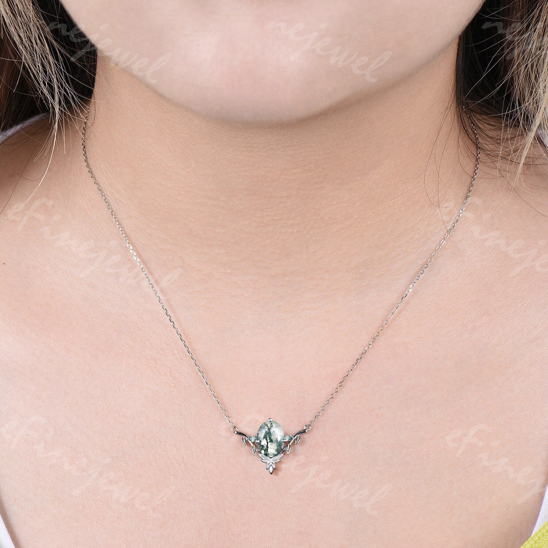 Moss Agate Leaf Vine Pendant Necklace, Nature Inspired