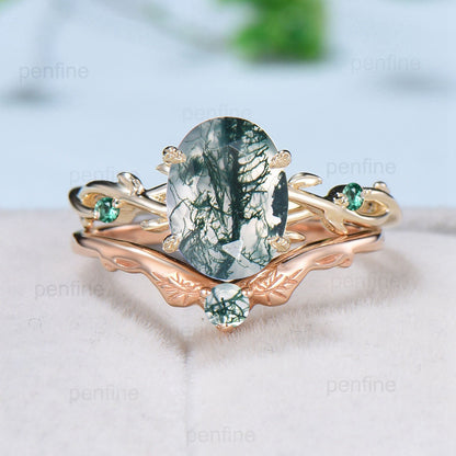 2 Carat Oval Moss Agate Engagement Ring Set Nature Inspired green agate wedding ring set cluster emerald aquatic agate Leaf vine bridal set - PENFINE