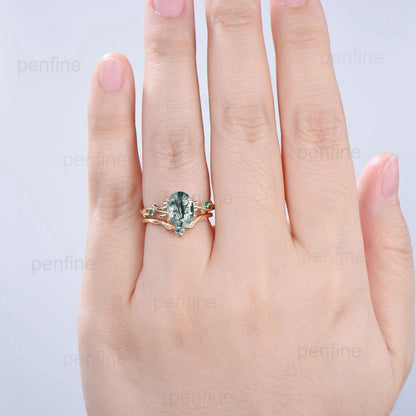 2 Carat Oval Moss Agate Engagement Ring Set Nature Inspired green agate wedding ring set cluster emerald aquatic agate Leaf vine bridal set - PENFINE