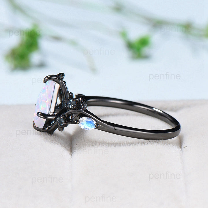 Elegant Black Gold White Opal Ring Vintage Kite cut Natural Inspired opal moonstone engagement ring Leaf vine alexandrite wedding ring women - PENFINE