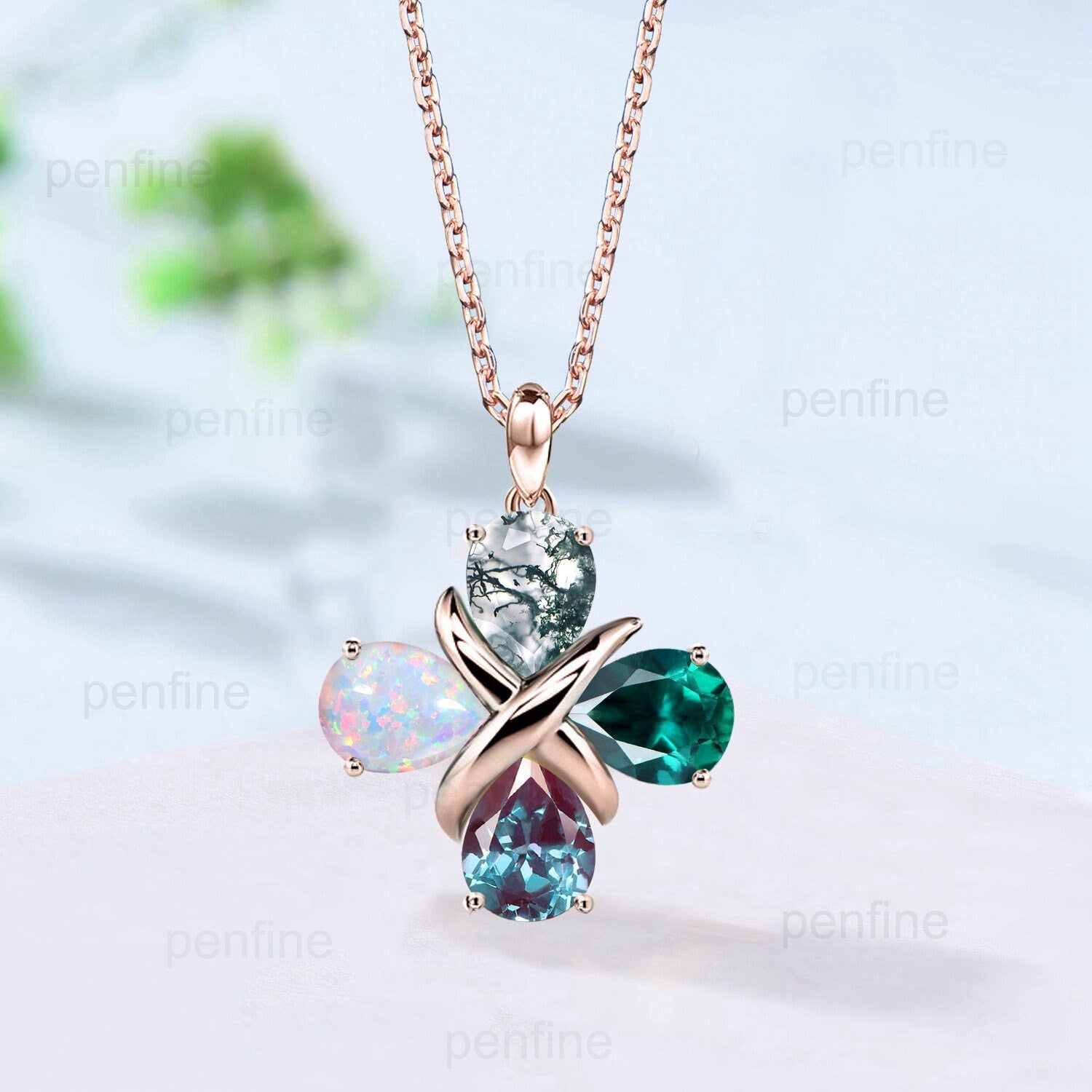 Unique Teardrop Necklace for Women Moss Agate Necklace Alexandrite Pendant Emerald Neckalce opal pendant Cross Floral Promise Gift - PENFINE