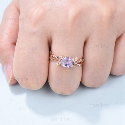 Vintage Hexagon Lavender Amethyst Ring Unique Nature Inspired Purple Engagement Ring Moon Wedding Ring For Women February Birthstone Gift - PENFINE