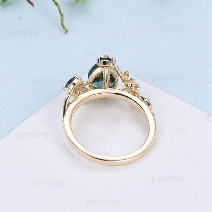 Elegant Pear lab Para¨ªba Engagement Ring Nature Inspired Floral Ring Green Agate Wedding Ring Emerald Branch Leaf Vine Anniversary Ring Gift - PENFINE
