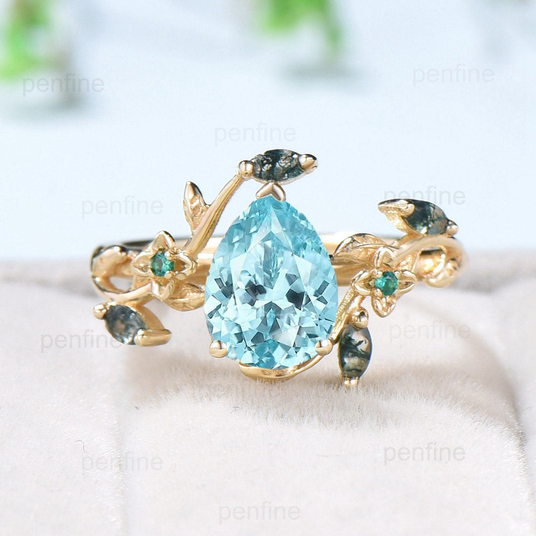 Elegant Pear lab Para¨ªba Engagement Ring Nature Inspired Floral Ring Green Agate Wedding Ring Emerald Branch Leaf Vine Anniversary Ring Gift - PENFINE