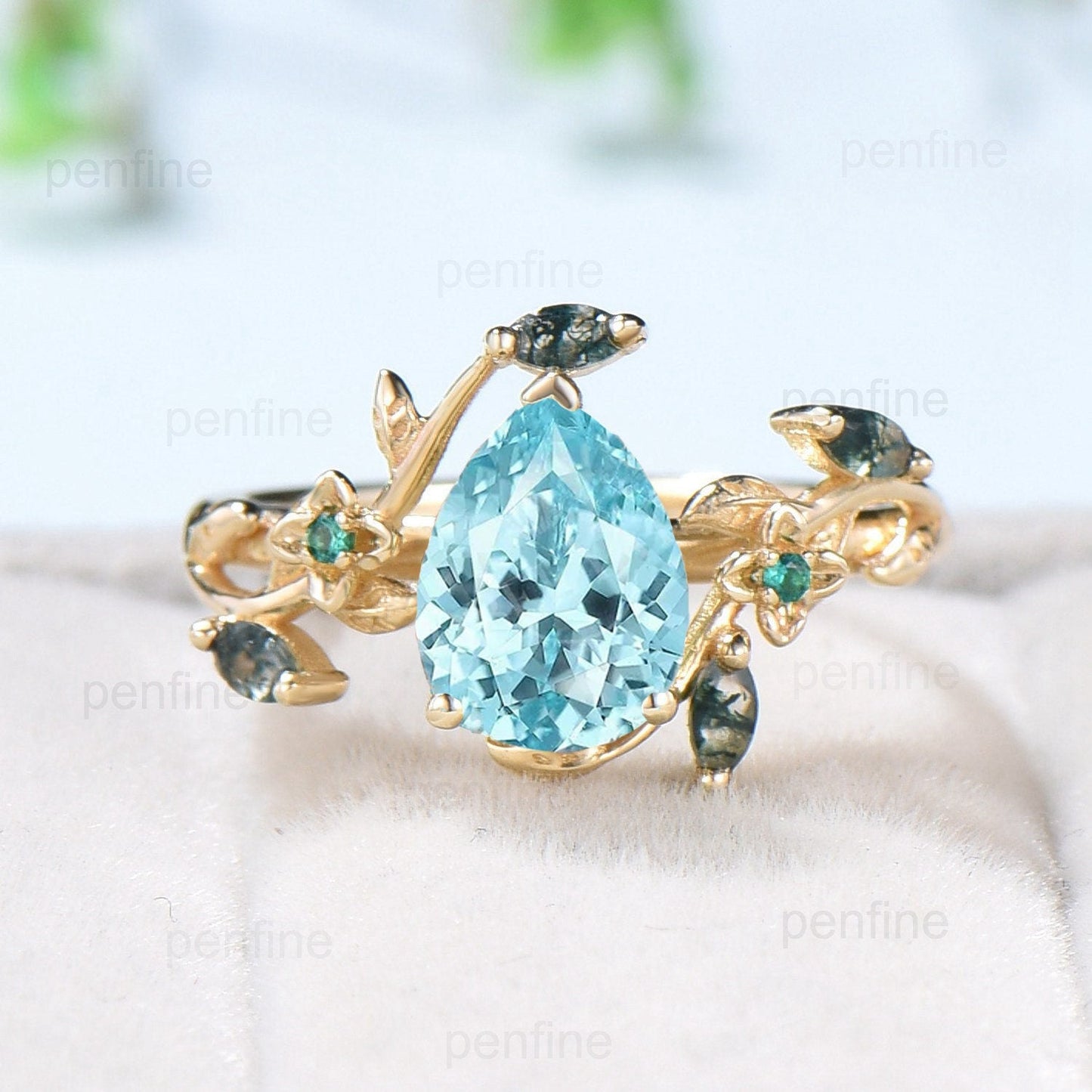 Elegant Pear lab Para¨ªba Engagement Ring Nature Inspired Floral Ring Green Agate Wedding Ring Emerald Branch Leaf Vine Anniversary Ring Gift - PENFINE