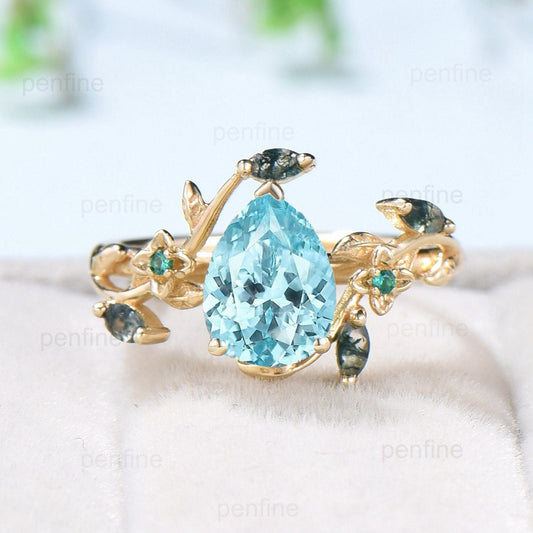 Elegant Pear lab Para¨ªba Engagement Ring Nature Inspired Floral Ring Green Agate Wedding Ring Emerald Branch Leaf Vine Anniversary Ring Gift - PENFINE