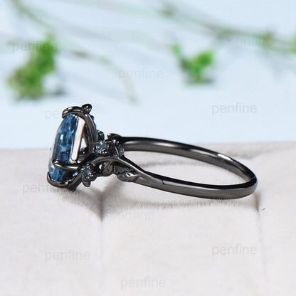 1 Carat Black Gold lab Paraíba Ring Vintage Kite cut Natural Inspired Leaf vine engagement ring London blue topaz wedding anniversary gift - PENFINE