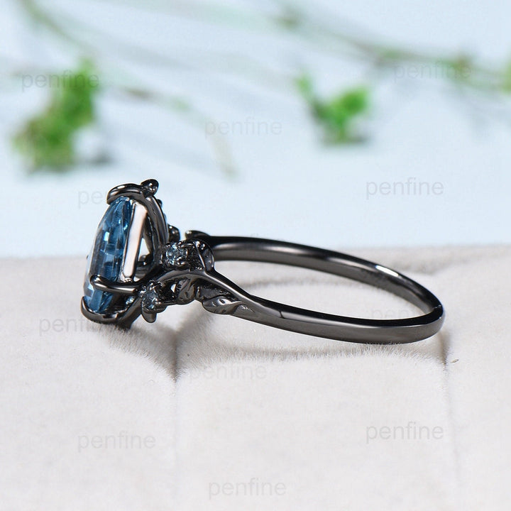 1 Carat Black Gold lab Para¨ªba Ring Vintage Kite cut Natural Inspired Leaf vine engagement ring London blue topaz wedding anniversary gift - PENFINE