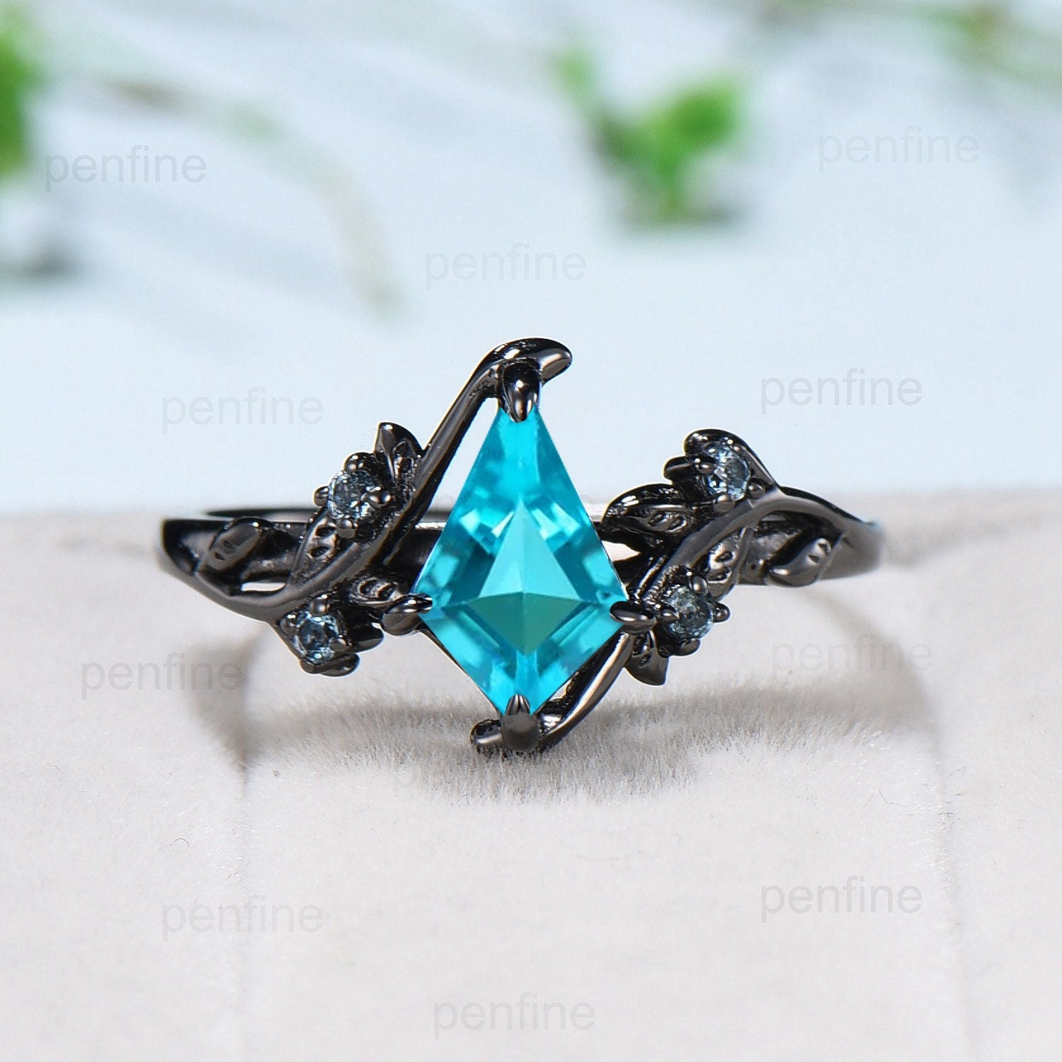 1 Carat Black Gold lab Paraíba Ring Vintage Kite cut Natural Inspired Leaf vine engagement ring London blue topaz wedding anniversary gift - PENFINE