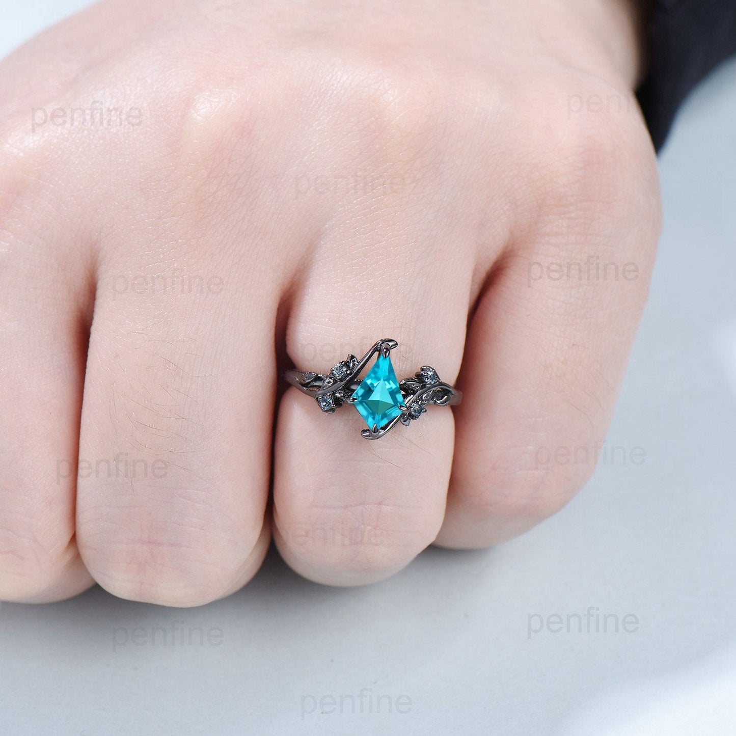 1 Carat Black Gold lab Para¨ªba Ring Vintage Kite cut Natural Inspired Leaf vine engagement ring London blue topaz wedding anniversary gift - PENFINE