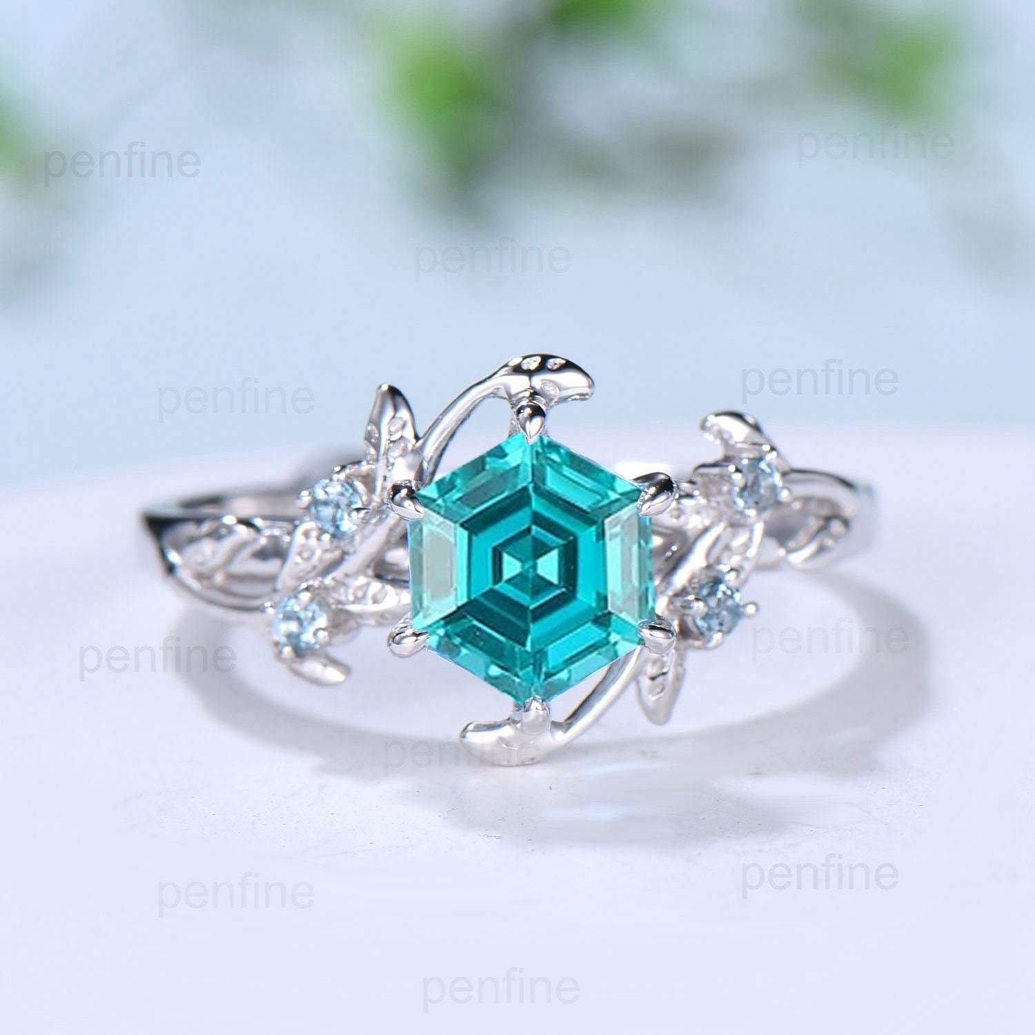 Twig Vine Hexagon cut Lab Paraíba Ring Vintage Leaf light Swiss blue topaz engagement ring branch Natural inspired anniversary gift for mom - PENFINE