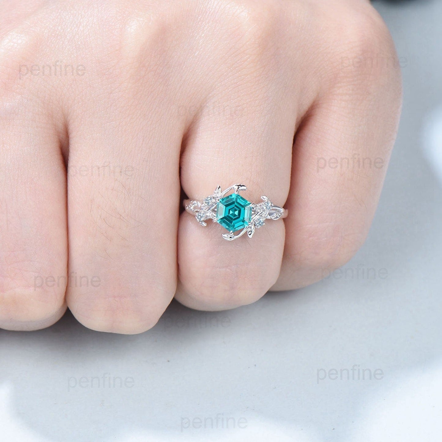Twig Vine Hexagon cut Lab Para¨ªba Ring Vintage Leaf light Swiss blue topaz engagement ring branch Natural inspired anniversary gift for mom - PENFINE