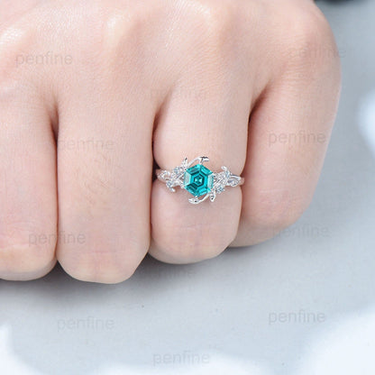 Twig Vine Hexagon cut Lab Para¨ªba Ring Vintage Leaf light Swiss blue topaz engagement ring branch Natural inspired anniversary gift for mom - PENFINE