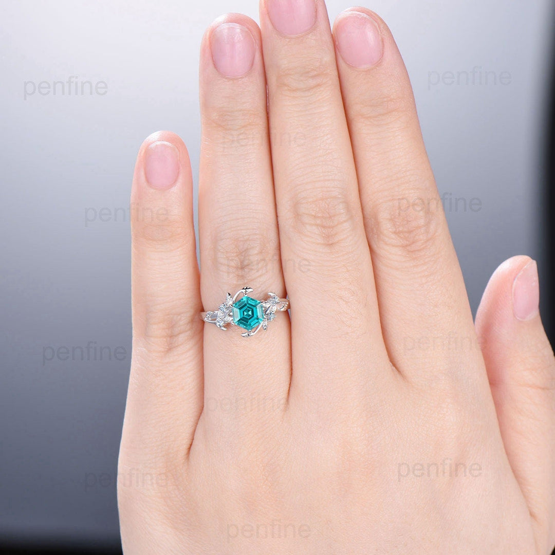 Twig Vine Hexagon cut Lab Para¨ªba Ring Vintage Leaf light Swiss blue topaz engagement ring branch Natural inspired anniversary gift for mom - PENFINE