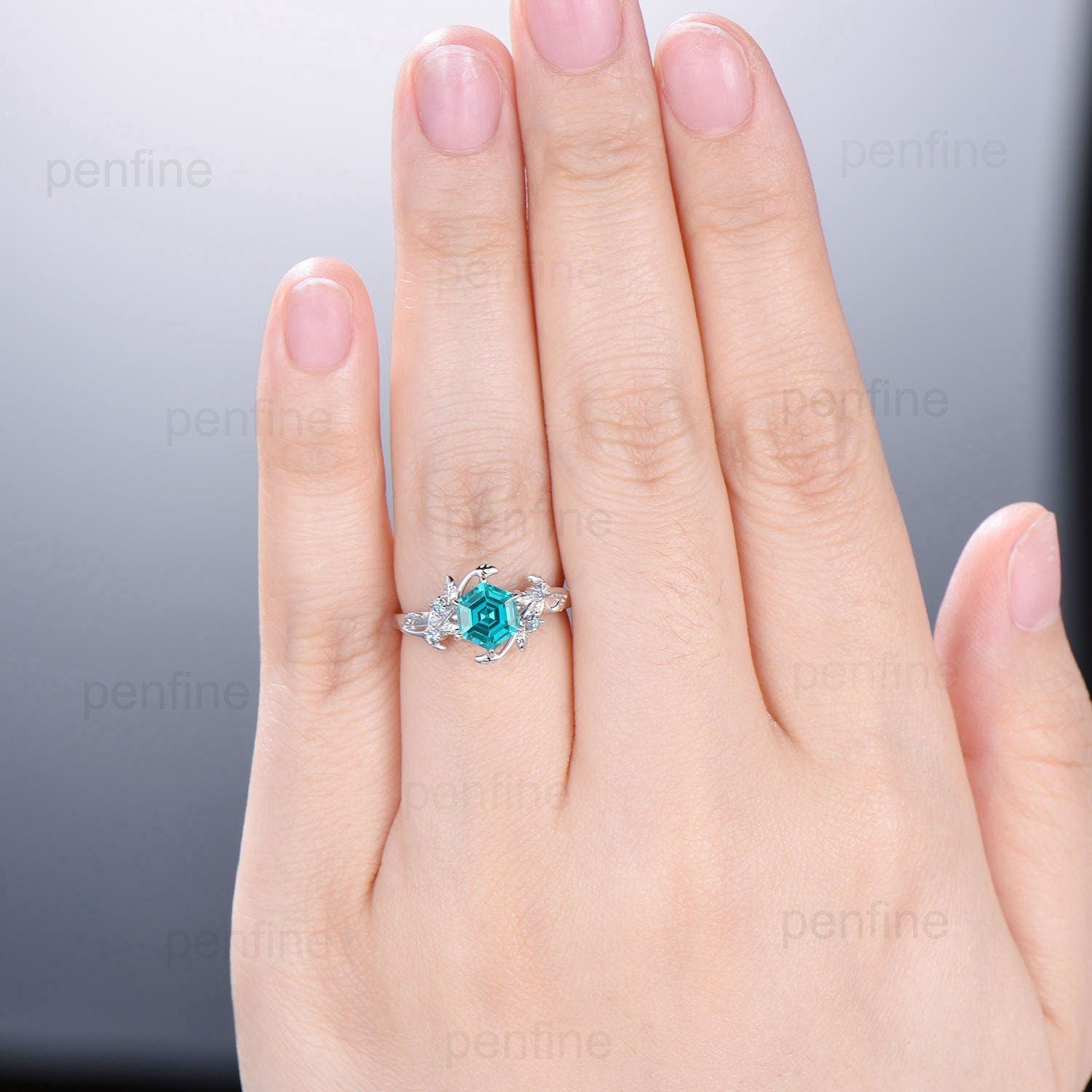 Twig Vine Hexagon cut Lab Para¨ªba Ring Vintage Leaf light Swiss blue topaz engagement ring branch Natural inspired anniversary gift for mom - PENFINE