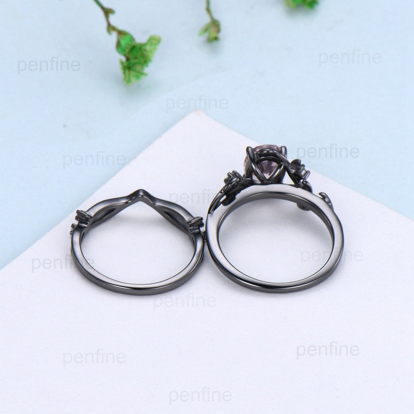 Unique black gold lab para¨ªba ring set Nature Inspired Leaf oval engagement ring vintage cluster moissanite diamond wedding set for women - PENFINE