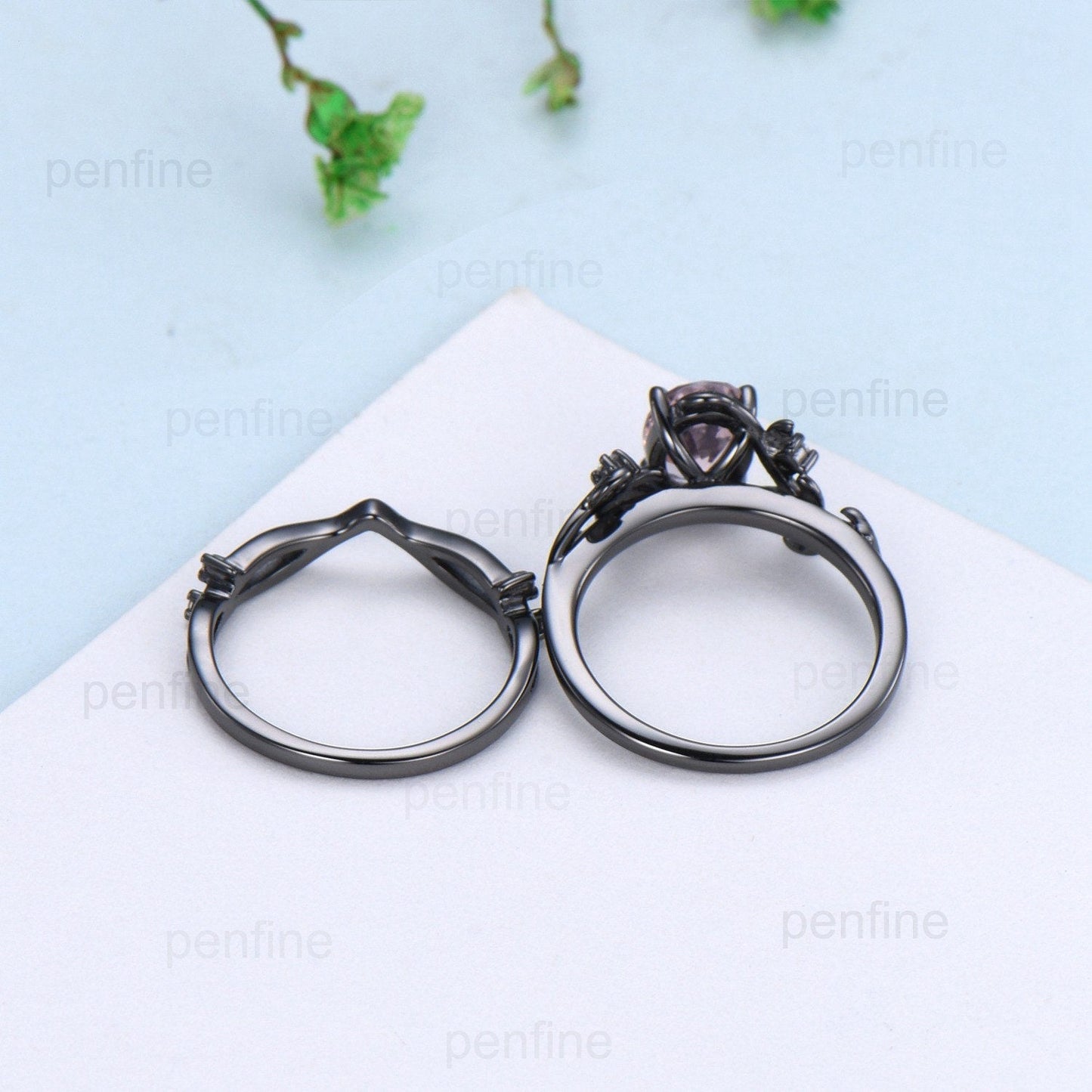 Unique black gold lab para¡§aba ring set Nature Inspired Leaf oval engagement ring vintage cluster moissanite diamond wedding set for women - PENFINE