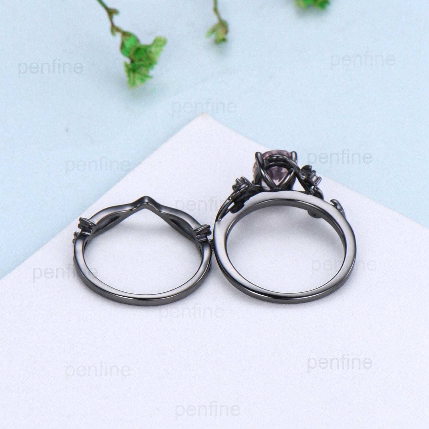 Unique black gold lab para¡§aba ring set Nature Inspired Leaf oval engagement ring vintage cluster moissanite diamond wedding set for women - PENFINE