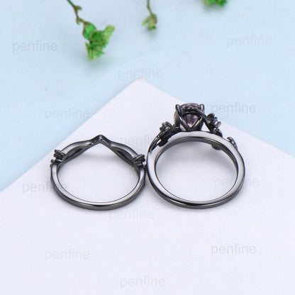 Unique black gold lab para¡§aba ring set Nature Inspired Leaf oval engagement ring vintage cluster moissanite diamond wedding set for women - PENFINE