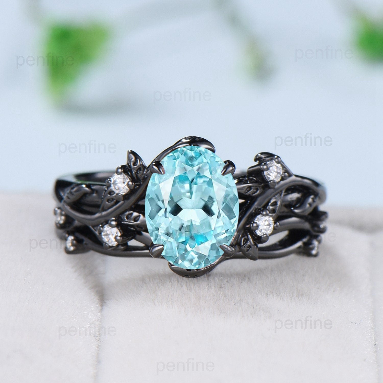 Unique black gold lab para¨ªba ring set Nature Inspired Leaf oval engagement ring vintage cluster moissanite diamond wedding set for women - PENFINE