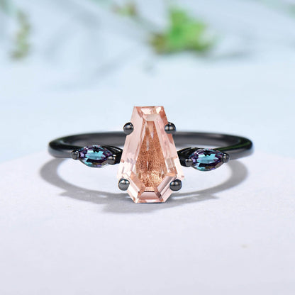 Minimalist Black Gold Coffin Shaped Natural Morganite Ring Marquise Alexandrite Shield 3 stone Engagement Ring Handmade Proposal Gifts Women - PENFINE