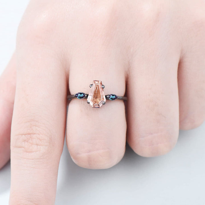 Minimalist Black Gold Coffin Shaped Natural Morganite Ring Marquise Alexandrite Shield 3 stone Engagement Ring Handmade Proposal Gifts Women - PENFINE