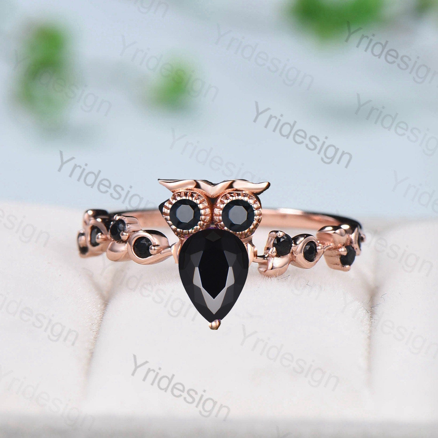 Unique pear shaped black onyx engagement ring rose gold night owl black stone wedding ring nature inspired spinel anniversary ring for women - PENFINE